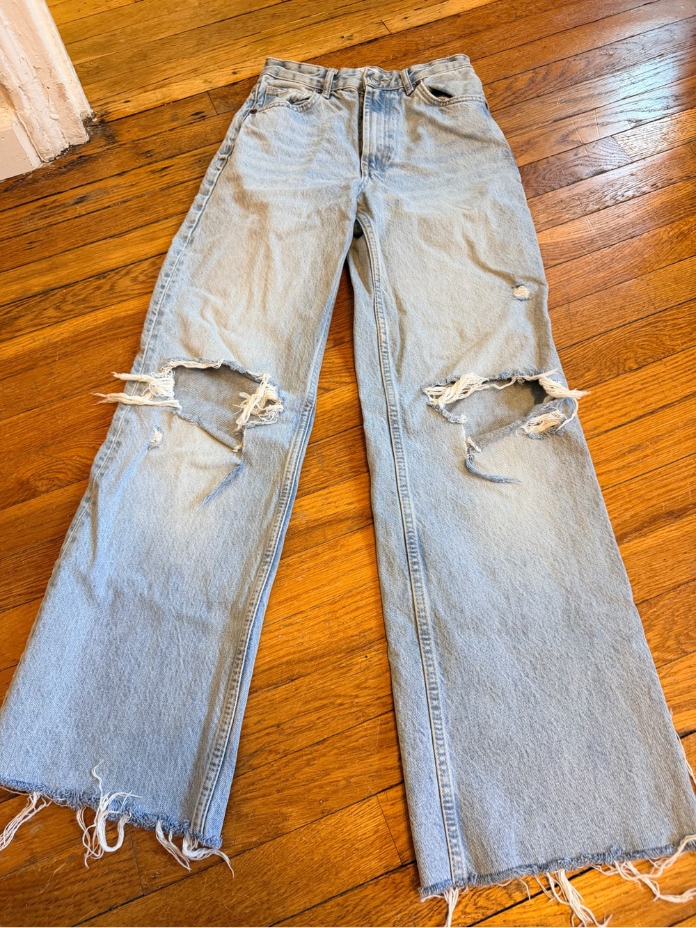 Zara Light Blue Distressed Wide-Leg Jeans